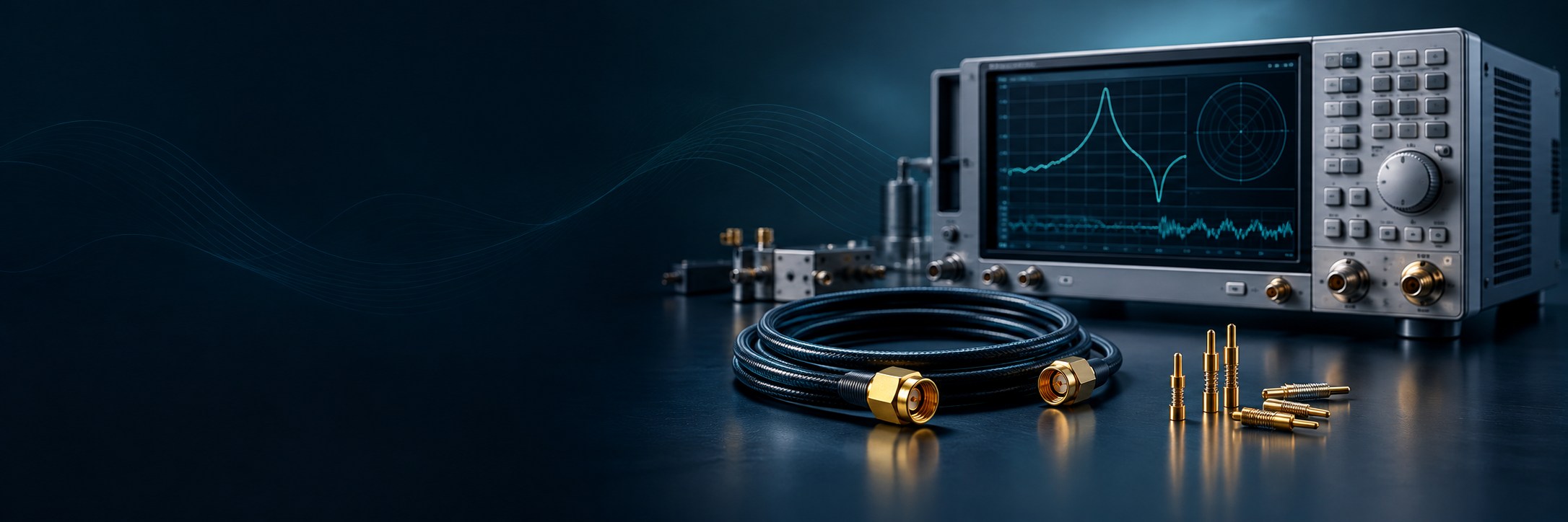 Minh họa thiết bị đo kiểm, cáp RF và chân tiếp xúc Pogo Pin