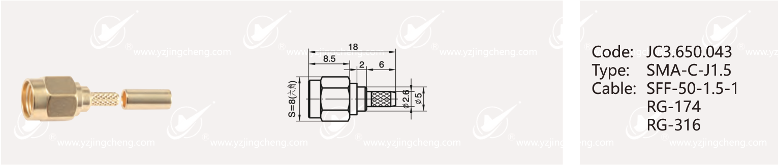 Đầu nối SMA-C-J1.5 JC3.650.043 và bản vẽ kích thước từ catalog Jingcheng